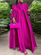 Women Evening Maxi Dress VONDA 2023 Summer Stand Collar Elegant Satin Long Bat Sleeve Pleated Sundress Casual Solid Robe Femme