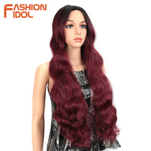 FASHION IDOL Deep Wave Wigs Synthetic 28 Inch Lace Wigs For Black Women Ombre Burgundy Long Wavy African American Cosplay Wigs