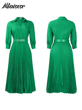 Mlaiscsr Purple Fashion Belt V-Neck Long Sleeve A-Line Pleated Dress Women Elegant Slim Evening Party Club Vestidos African Robe