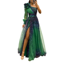 2024 Womens Evening Dress One Shoulder Pleated Pleated Mesh Single Long Sleeve Slim Waist A-line Floor Length Slit Banquet Dress