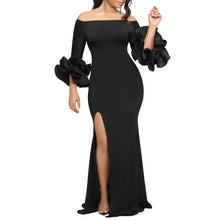 Elegant Sexy Side Slit Long Dress For Women Independent Stand Trade Clothing One-character Collar Leaf Sleeves Evening Dress