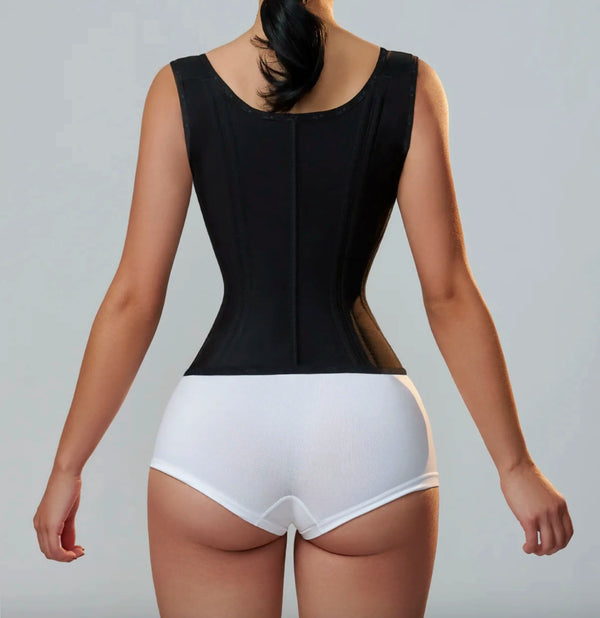Latex waist cincher corset-style tummy control belt with zipper and button closure, retro shaping top.