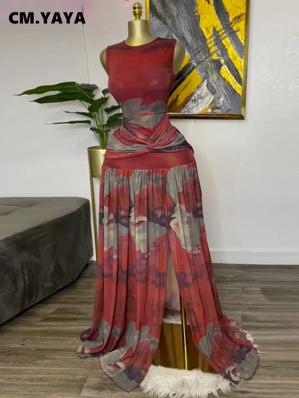 CM.YAYA Elegant Women Print Sleeveless Sweet O-neck Floor-Length Long Dress 2025 Beach Party Birthday Sexy Split Pleated Dresses