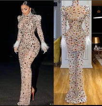 CM.YAYA Vintage Women Mesh See Though Crystal Feather Hem Long Sleeve Bodycon Midi Maxi Long Dress Sexy Party Club Dresses
