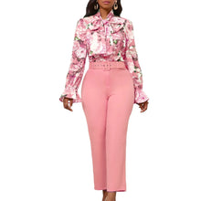Fashion Print Two Piece Set Women Office Suits Tie Bow Neck Button Shirt + Belt Pencil Pants Elegant Slim Lady Sets Casual shirt