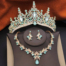 3 Pcs Princess Wedding Crown Jewelry Sets and Tiaras Green Pink Bride Necklace Earrings Set Girls Prom Birthday Accessory