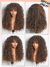 100% Human Hair Wigs with Bang Full Wig Brown Black Highlight Water Wave Machine Made Non Lace Wig with Fringe Bobbi Wig
