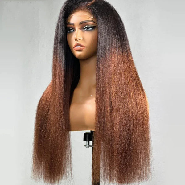 Yaki 26 inch 180Density Soft Long Ombre Blonde Kinky Straight Lace Front Wig For Women With BabyHair Preplucked Natural Hairline