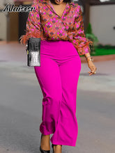 Mlaiscsr Elegant Print Feather Long Sleeve and Wide Leg Pants 2 Pieces Women Matching Sets Fashion Office Lady Birthday Outfits