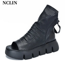 2024 New Summer Women Sandals Round Toe Chunky Heel Platform Shoes Genunine Leather Cover Heel GLADIATOR Sandals Women Handmade