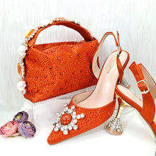 JMF New arrive Italian Design Blue Women's Fashion Rhinestone Pearl Point Toe Stiletto Heels Sandals Women's Shoes & Bag Set