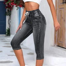 2024 High Waist Jeans Women Leggings Vintage Elastic High Waist Drawstring Pockets Denim Pants Calf Length Jeans Slim Fit Capris
