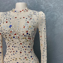 CM.YAYA Vintage Women Mesh See Though Crystal Feather Hem Long Sleeve Bodycon Midi Maxi Long Dress Sexy Party Club Dresses