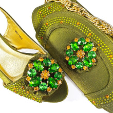 QSGFC Open Toe Women Heels for 2024 Elegant Party Olive Color Diamond Pumps Italian Shoes and Bags Matching Set