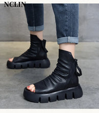 2024 New Summer Women Sandals Round Toe Chunky Heel Platform Shoes Genunine Leather Cover Heel GLADIATOR Sandals Women Handmade