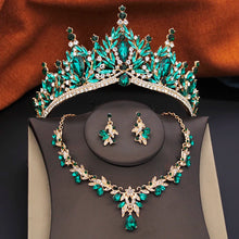 3 Pcs Princess Wedding Crown Jewelry Sets and Tiaras Green Pink Bride Necklace Earrings Set Girls Prom Birthday Accessory