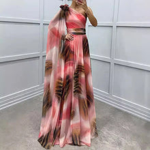 Women Spring Printed Floor Length Dress Elegant Flower Inclined Shoulder Hollow Evening Dress Fall High Waist Chiffon Long Dress