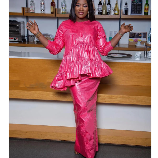 Women's African Designer Bazin Riche Evening Gowns Large Size with Headscarf Dashiki Robe