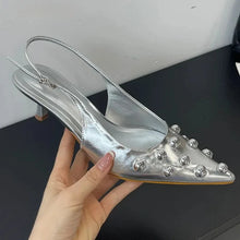 Summer 2025 Fashion Rivet Design High Heeled Sandals Women Sexy Pointed Toe Back Strap Dress Shoes Stripper Pumps Zapatos Mujer