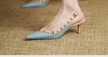 Women Sandals Rivets Pointed Toe Slingbacks Patent Leather Mid Heels Pumps Blue Snakeskin Pattern Slip on Sandalias Mujer