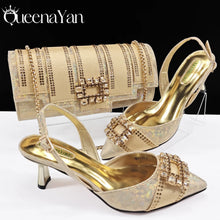 Spot Goods Italian Fashion Women Heels Elegant Color Block Design Brown Shoes And Bag Full Rhinestone Party Bag