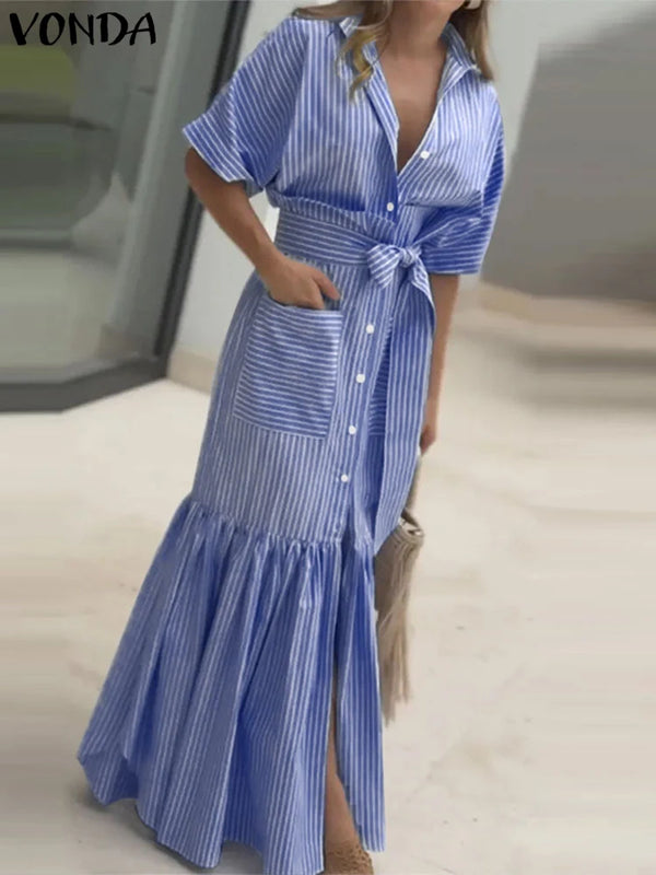 Elegant Striped Printing Short Sleeve Maxi Long Dress Casual Daily Shirt Dress 2025 VONDA Beach Party Sundress Bohemian Vestidos