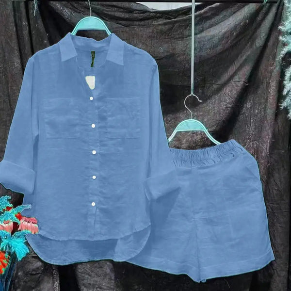 2 Pcs/Set Women Shirt Shorts Set Loose Long Sleeves Solid Color Elastic Waist Irregular Hem Lapel Female Spring Autumn Outfit