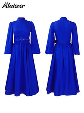 Mlaiscsr Elegant Evening Wedding Guest Party Yellow Pleated Dress Woman O Neck Long Sleeve Belt Waisted Birthday Dinner Vestidos