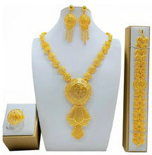 Fashion Dubai Flower Design Luxury 24k Gold Color Women's Jewelry Set African Fashion Bracelet Earrings Necklace Ring Four Piece