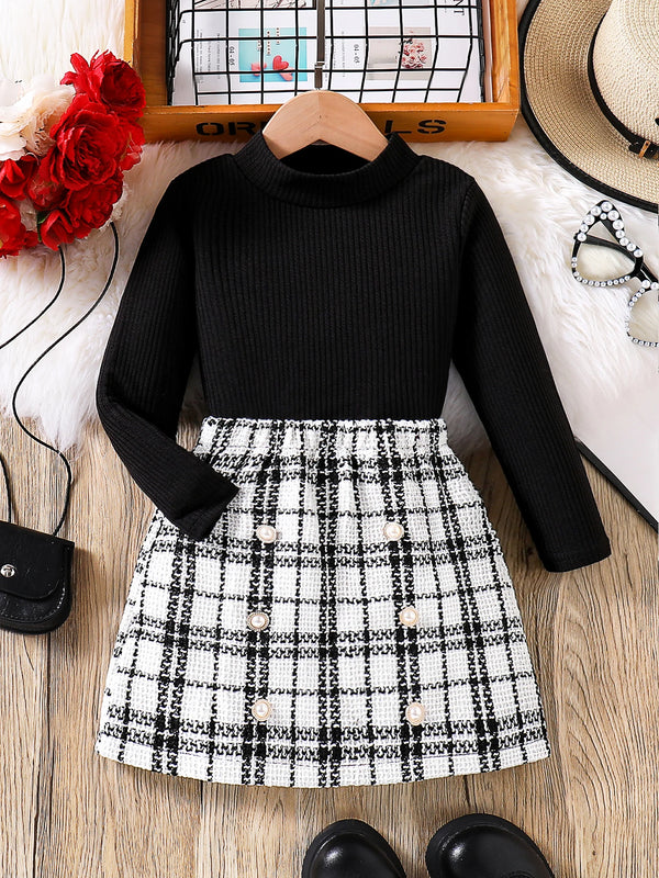 Spring and autumn fashion girls casual 2-piece micro elastic solid color knitted crew-neck long-sleeved top + plaid skirt