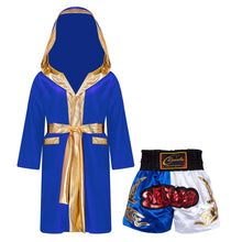 Kids Boys Boxing Sets Sports Outfits Halloween Cosplay Costume Long Sleeve Open Front Robe Satin Hooded Cloak with Belt Shorts