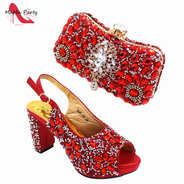 2024 Fashion New Arrivals INS Hot Sale Full Crystal Shinning Shoes and Bag Set for Dress in Red Color Sandals Christmas Party