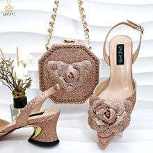 QSGFC Evening Shoes And Bags Set With Full Diamond Handmade Petal Clutches Pointed Toe Mid-Heel Women Shoes