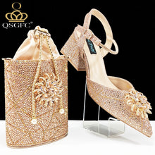 QSGFC High-end Women's Shoes with Diamond Oval Stand Bag Popular in Nigeria Women's High Heels for Special Day