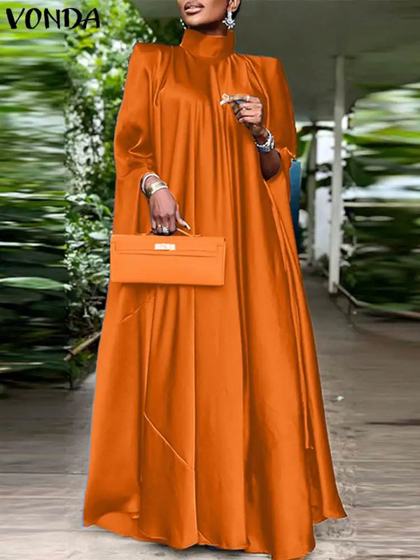 Women Evening Maxi Dress VONDA 2023 Summer Stand Collar Elegant Satin Long Bat Sleeve Pleated Sundress Casual Solid Robe Femme