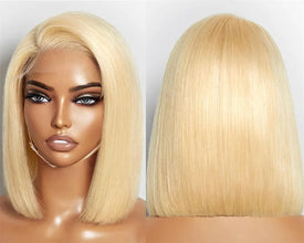 100% Vietnamese Super Double Drawn Bone Straight 13x4 Frontal Bob Wig with Human Hair 613Honey Blond 210%Density For Black Women