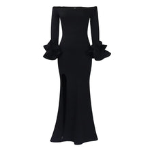 Elegant Sexy Side Slit Long Dress For Women Independent Stand Trade Clothing One-character Collar Leaf Sleeves Evening Dress