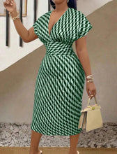 Women's Sexy Deep V Neck Package Hip Dress Spring Summer Elegant Fashion Print Short Sleeve High Waist Slim Midi Dresses Femme