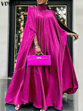 Women Evening Maxi Dress VONDA 2023 Summer Stand Collar Elegant Satin Long Bat Sleeve Pleated Sundress Casual Solid Robe Femme