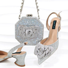 QSGFC Evening Shoes And Bags Set With Full Diamond Handmade Petal Clutches Pointed Toe Mid-Heel Women Shoes