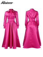 Mlaiscsr Lapel Button A Lint Khaki Mid Dress Women Elegant Office Long Sleeve Bandage Pocket Pleated Birthday Commuter Vestidos