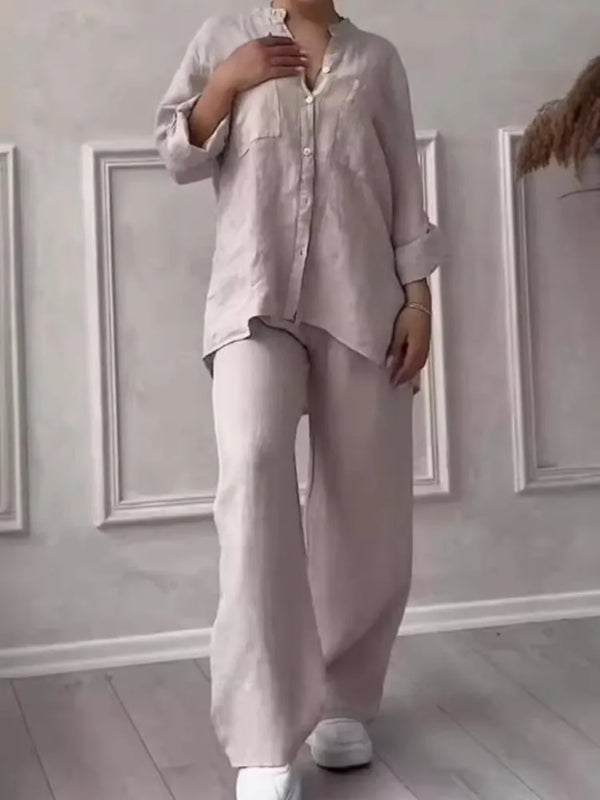 Women's Fashion Set Casual Long Sleeve Pocket Shirts + Loose Wide Leg Pants 2 Piece Set For Women Spring Autumn Women Clothes