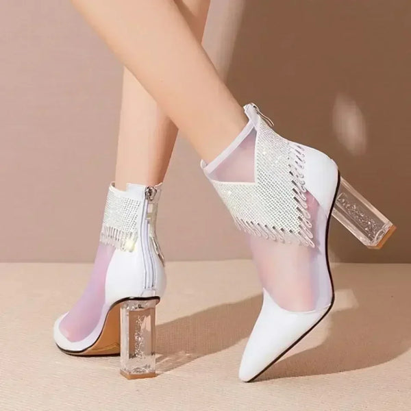 Rubber Soled Dance Boots Women 2025 Spring Pointy Rhine-diamond Tassel High Heel Mesh Latin Jazz Modern Dance Shoes Stage Show