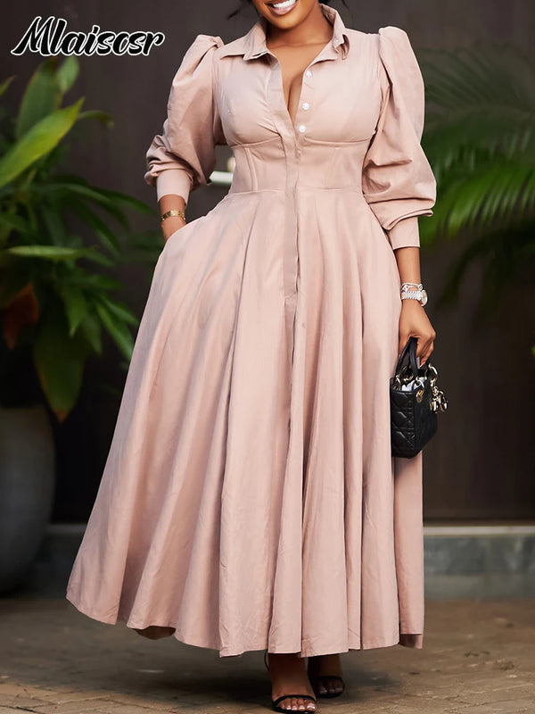 Mlaiscsr Spring Long Sleeve A-Line Shirt Dresses Elegant African for Women White Casual Lapel Evening Party Holiday Vistidos