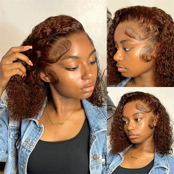 Brown kinky Curly Short Bob Wig 13x4 Bob Wigs Brazilian Water Deep Wave Human Hair Wig Preplucked For Woman Short Pixie #4 Color