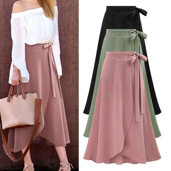 Elegant Office Lady Skirt Bandage Solid Color High Waist Slit Large Hem Long Skirt for Date