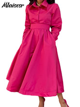 Mlaiscsr Lapel Button A Lint Khaki Mid Dress Women Elegant Office Long Sleeve Bandage Pocket Pleated Birthday Commuter Vestidos