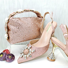 JMF New arrive Italian Design Blue Women's Fashion Rhinestone Pearl Point Toe Stiletto Heels Sandals Women's Shoes & Bag Set