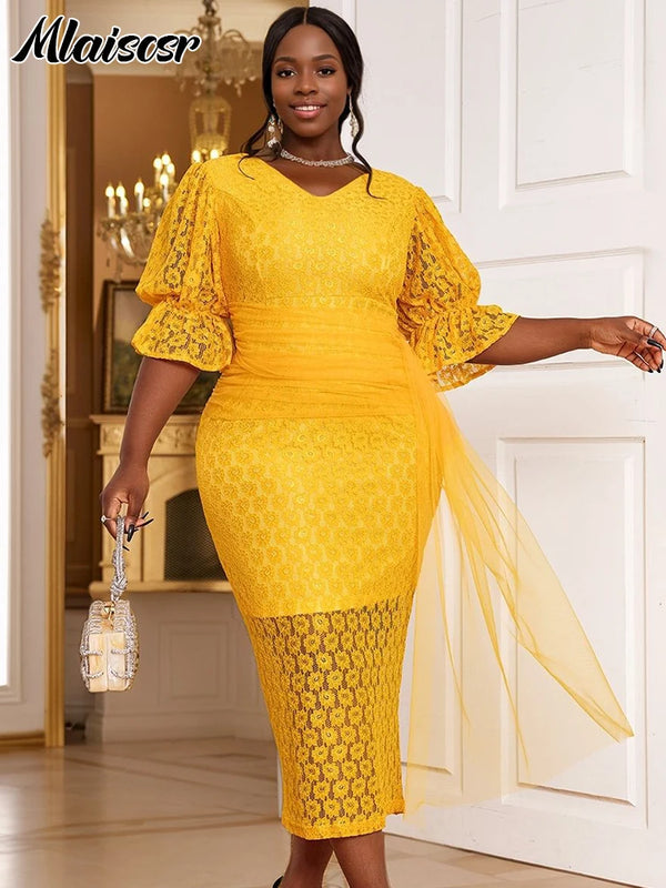 Mlaiscsr Yellow Birthday Prom Floral Lace Puff Sleeve See-Through Midi Dresses Elegant Sweet Wedding Guest Cocktail Vestidos New
