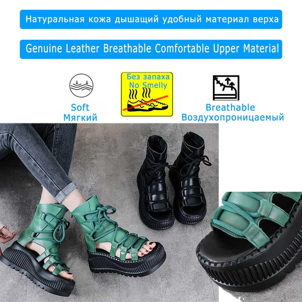 Koznoy 8cm Ethnic Cow Genuine Leather Ankle Booties Women Hollow Peep Toe Platform Wedge Breathable Zip Summer Fashion Shoes